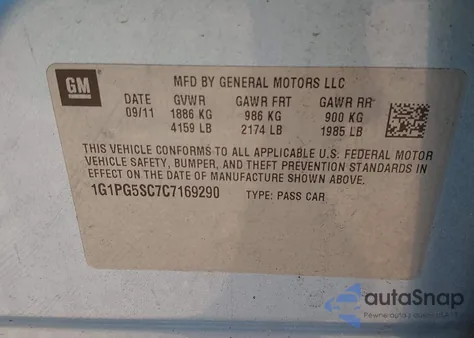 2012 Chevrolet Cruze 2Lt z USA, uszkodzony, nr VIN 1G1PG5SC7C7169290